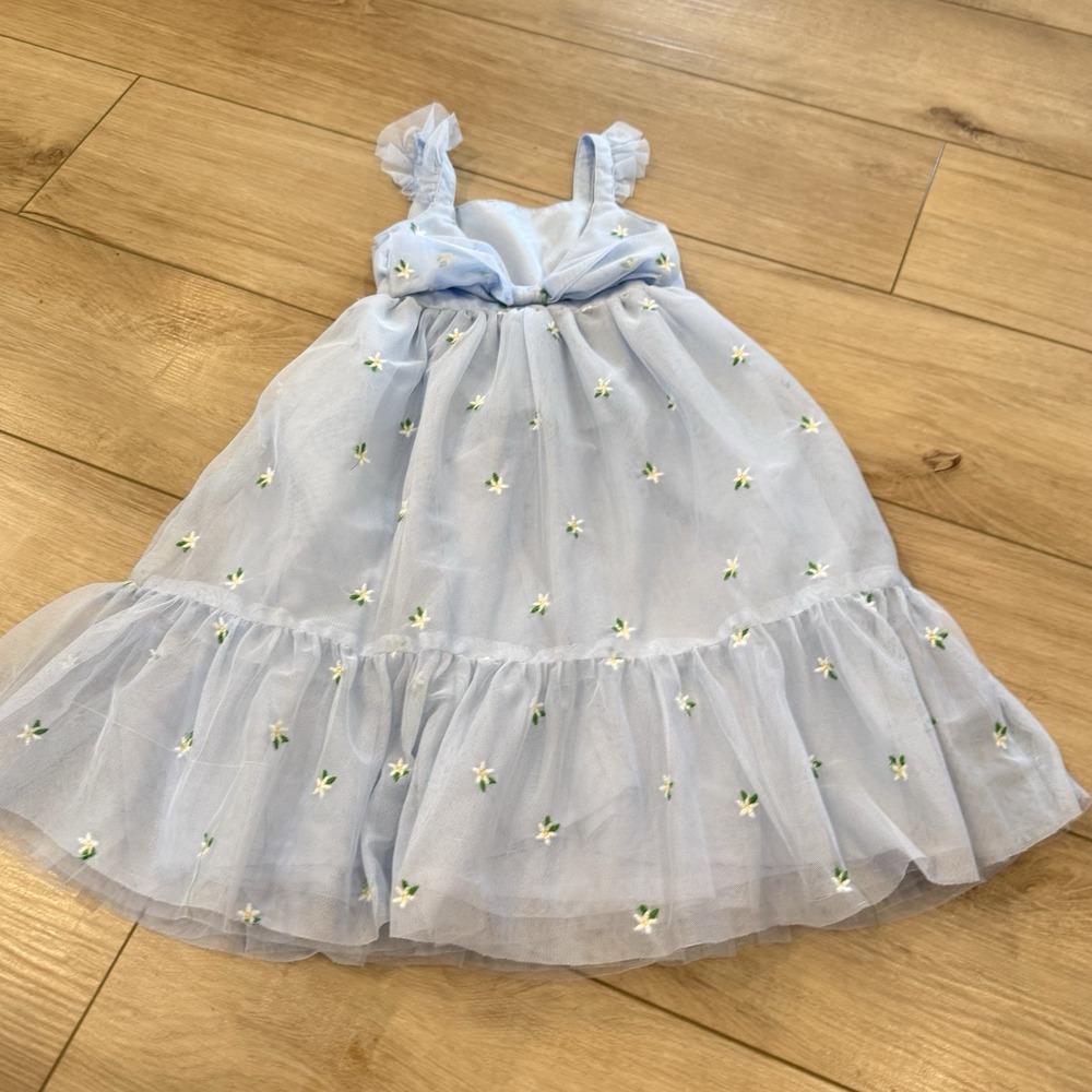 Mini Boden Blue Sheer Overlay Smocked Floral Sundress Size 2-3 Wedding Tiered